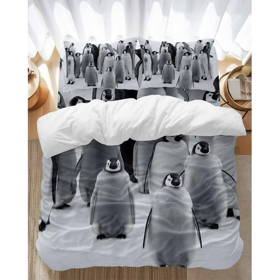 Cute Penguins Bedding Duvet Cover Set Full Size 4 Pieces Christmas Grey Black Animal Winter Bedding Set with Zipper Closure, 1 Comforter Cover 86x86 Inches 1 Flat Sheet & 2 Pillow Cases