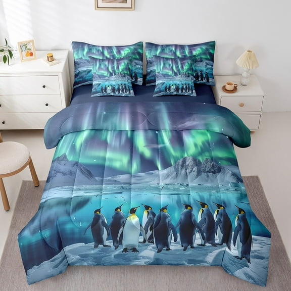 Cute Penguins Bedding Set Aurora Starry Galaxy Polyester Bed in a Bag Snow Mountain Lake Lanscape Comforter Set King Size 7 Pieces Bed Set with Comforter,Sheet Set,Pillowcases