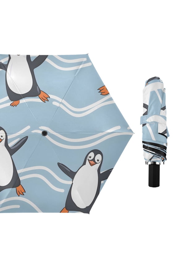 Cute Penguins Dancing Waves All Weather Umbrella Triple Folding Parasol 6 Ribs UV Protection Portable