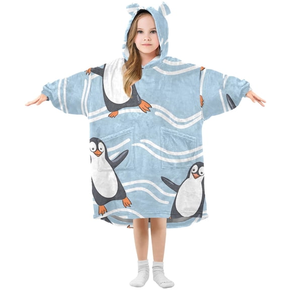 Cute Penguins Dancing Waves Flannel Wearable Blankets Hooded Design Long Sleeves Wrap Unisex for 3T-14Y S