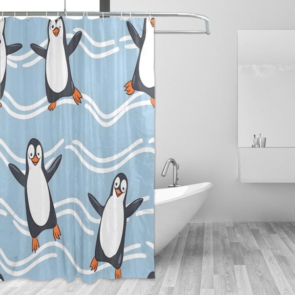 Cute Penguins Dancing Waves Shower Curtains with 12 Hooks Waterproof Bathroom Decor 66" x 72"