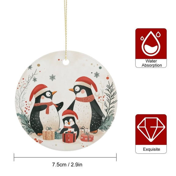 Cute Penguins Family Ceramic Ornament Penguin with Hat Scarf Christmas Ceramic Ornaments Round Keepsake Ornament Christmas Decoration for Ornaments Car Hanging Ornament