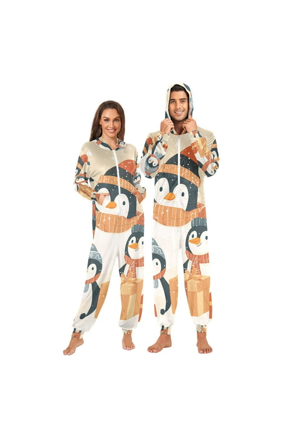 Cute Penguins Gifts Adult Onesie Pajamas Slim Fit Christmas One Piece Suit Pjs for Women and Men Hooded Zipper