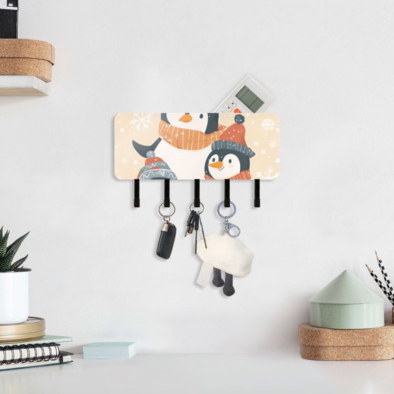 Cute Penguins Gifts Key Holder for Wall Mail Holder Organizer with 5 Key Hooks Wall Mount Key Rack with Shelf