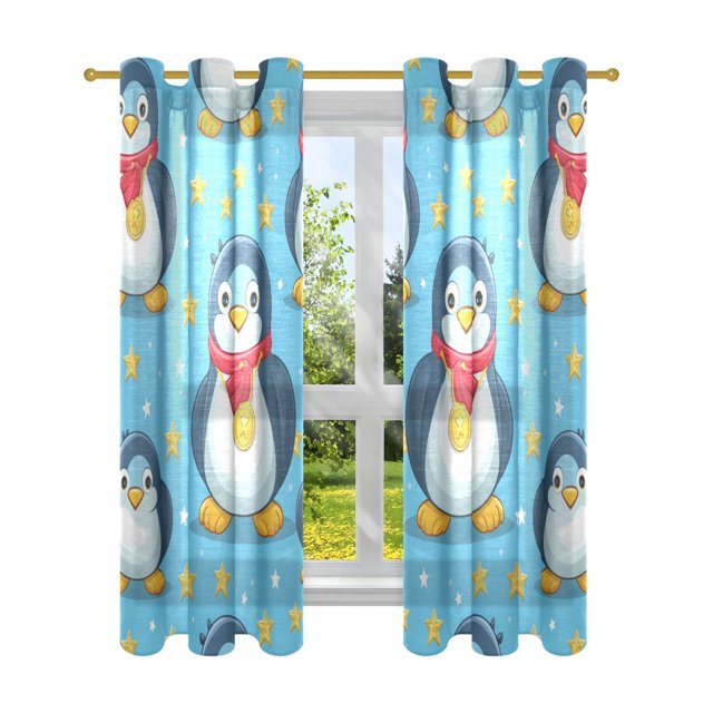 Cute Penguins with Gold Medals Stars Cartoon Window Curtains Decorative