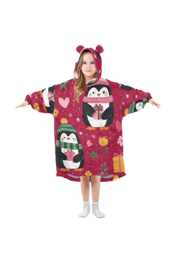 Cute Penguins Holding Christmas Gifts Flowers Flannel Wearable Blankets Hooded Design Long Sleeves Wrap Unisex for 3T-14Y S