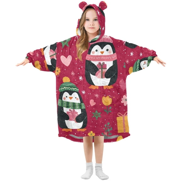 Cute Penguins Holding Christmas Gifts Flowers Flannel Wearable Blankets Hooded Design Long Sleeves Wrap Unisex for 3T-14Y S