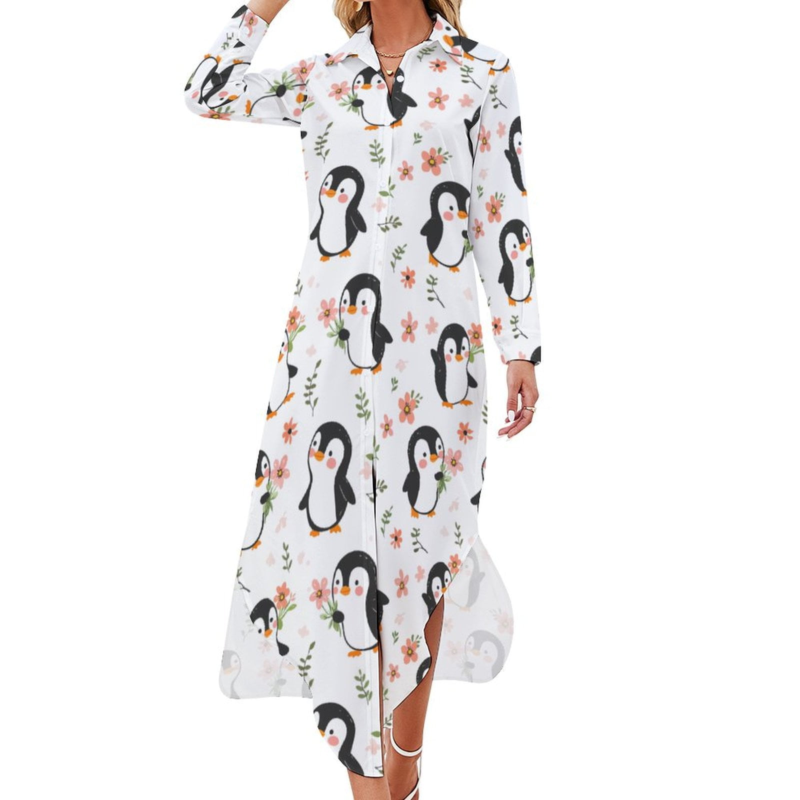 Cute Penguins Holding Flowers Women's Maxi T Shirt Dress Long Sleeve Lapel Summer Button Down ...