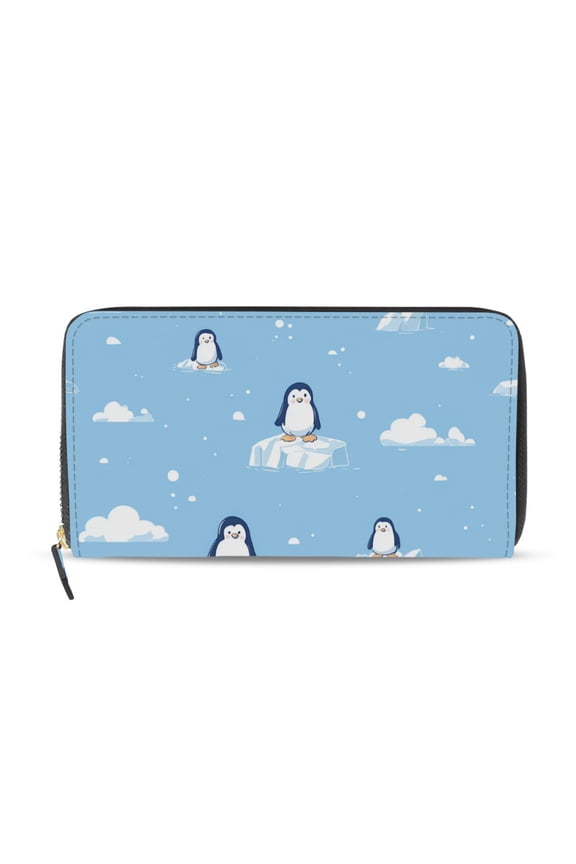 Cute Penguins Stand on Icebergs Women's Long Zipper Wallet Bifold Clutch Purse PU Leather Card Cases