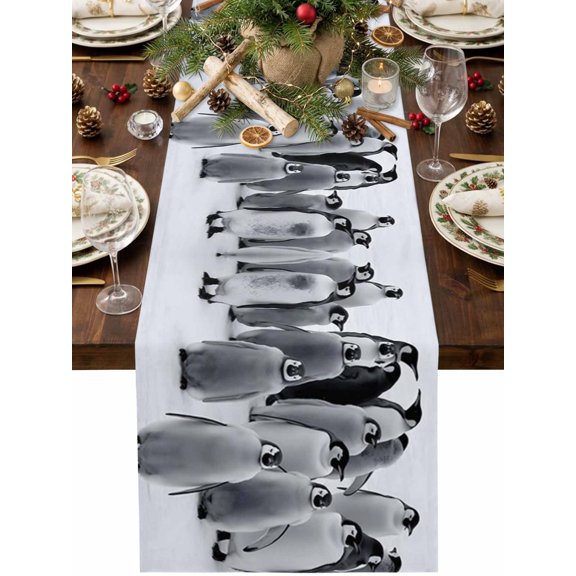 Cute Penguins Table Runner 36 Inches Long, Christmas Grey Black Winter Cotton Linen Dining Table Runner Dresser Scarves for Home Kitchen Party Decor 13"x36"