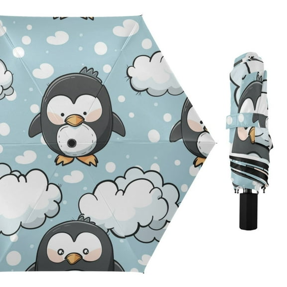 Cute Penguins and Clouds All Weather Umbrella Triple Folding Parasol 6 Ribs UV Protection Portable