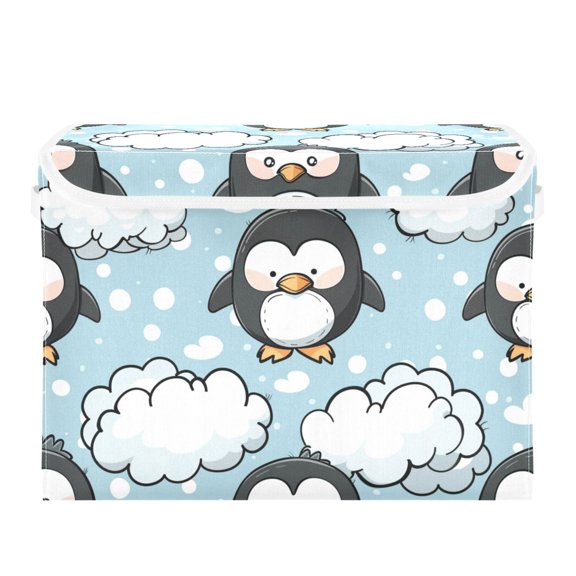 Cute Penguins and Clouds Foldable Storage Bin with Lid and Handle Collapsible Storage Box 16.5 x 12.6 x 11.8 inches