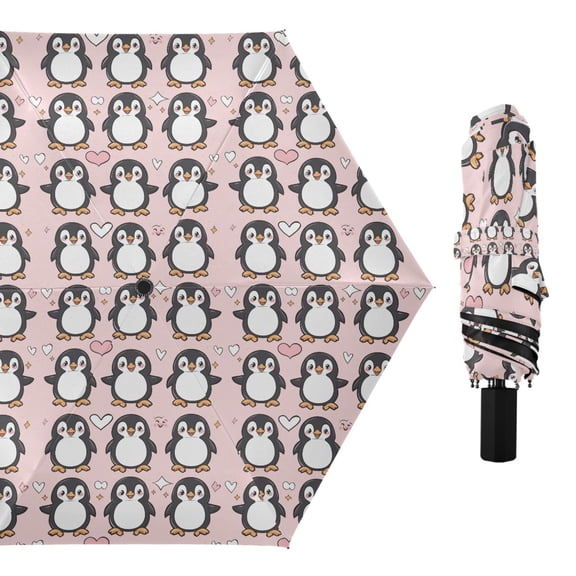 Cute Penguins and Heart Compact Sun Umbrella Windproof Travel Umbrellas for Rain Strong Portable UV Protection