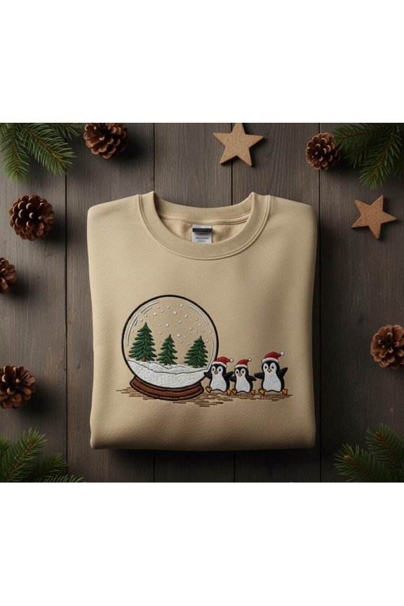 Cute Penguins and Snow Globe Embroidered Christmas Sweatshirt, Cozy Holiday Pullover, Winter Wonderland Gift Idea