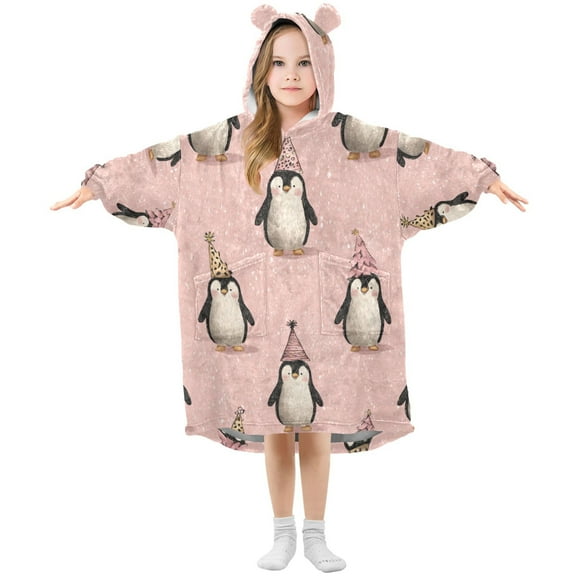 Cute Penguins in Christmas Party Flannel Wearable Blankets Hooded Design Long Sleeves Wrap Unisex for 3T-14Y S