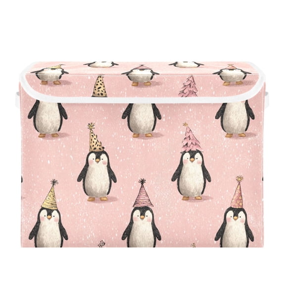 Cute Penguins in Christmas Party Foldable Storage Bins with Lids Handles Collapsible Storage Containers Tote Boxes 16.5 x 12.6 x 11.8 inches