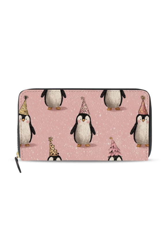 Cute Penguins in Christmas Party Women's Long Zipper Wallet Bifold Clutch Purse PU Leather Card Cases