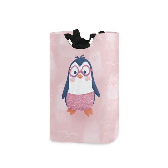 Cute Penguins in Pink Glasses Laundry Basket with Handles Foldable Laundry Hamper Freestanding Washing Bin 50L