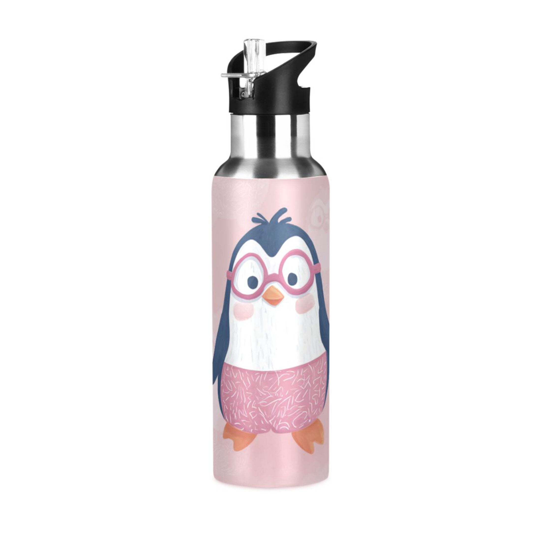 Cute Penguins in Pink Glasses Sports Bottle with Straw Stainless Steel Water Jug Portable Thermal Cup Leak-proof 1000ML
