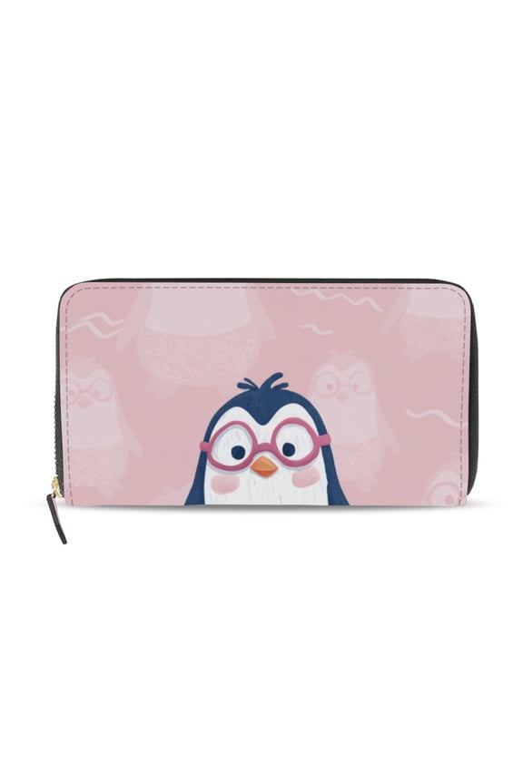 Cute Penguins in Pink Glasses Women's Long Zipper Wallet Bifold Clutch Purse PU Leather Card Cases