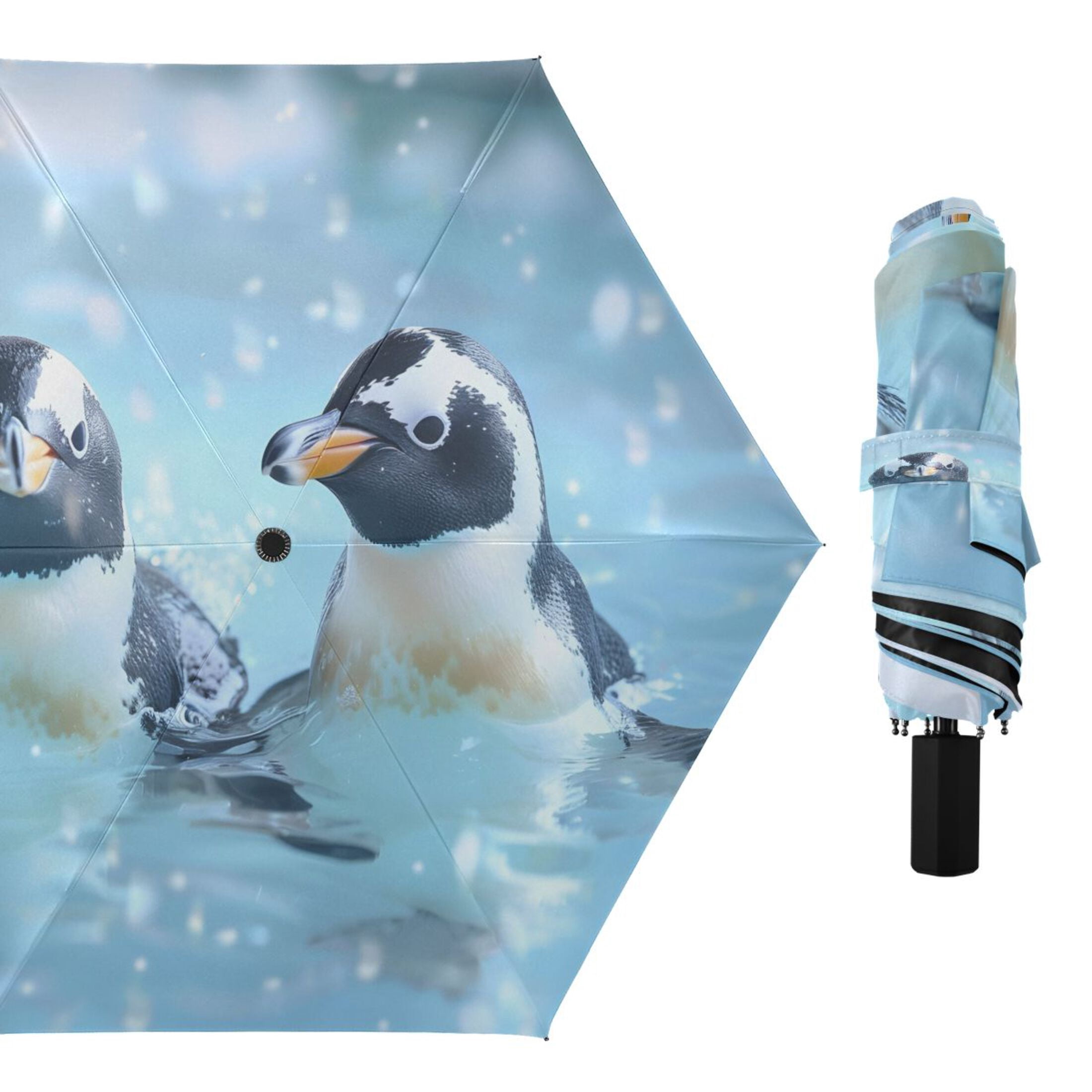 Cute Penguins in Water Compact Sun Umbrella Windproof Travel Umbrellas for Rain Strong Portable UV Protection
