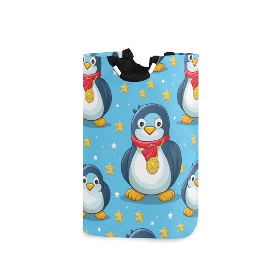 Cute Penguins with Gold Medals Stars Cartoon Laundry Basket with Handles Foldable Laundry Hamper Freestanding Washing Bin 50L