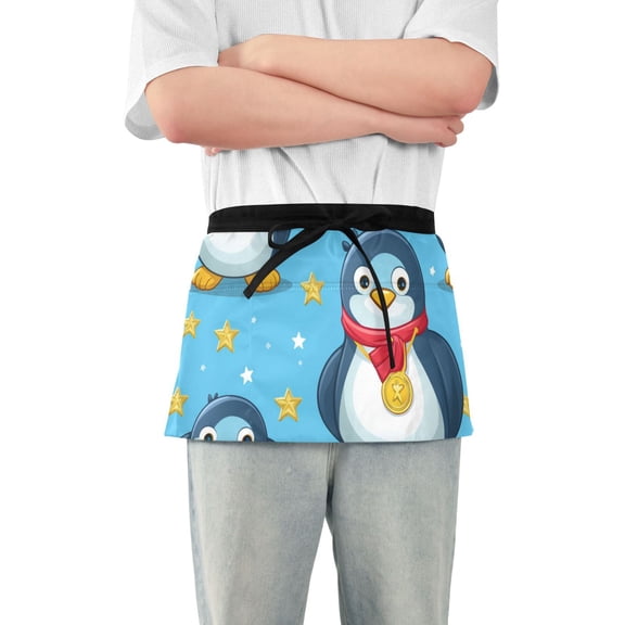 Cute Penguins with Gold Medals Stars Cartoon Short Server Apron with 3 Pockets for Unisex Chef Gardening
