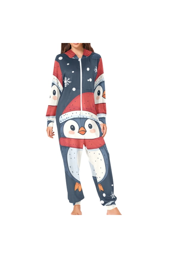 Cute Penguins with Hats Christmas Snowflakes Adult's Hoodie Onesie Jumpsuit One-Piece Pajamas with Zipper Unisex for Holiday M