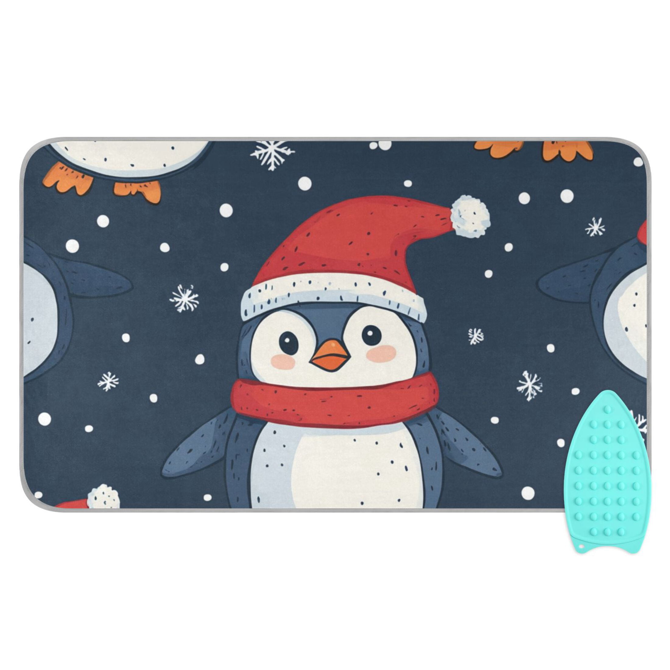 Cute Penguins with Hats Christmas Snowflakes Ironing Mat Blanket Portable Travel Ironing Pad Heat Resistant Pad 47.2" x 27.6”