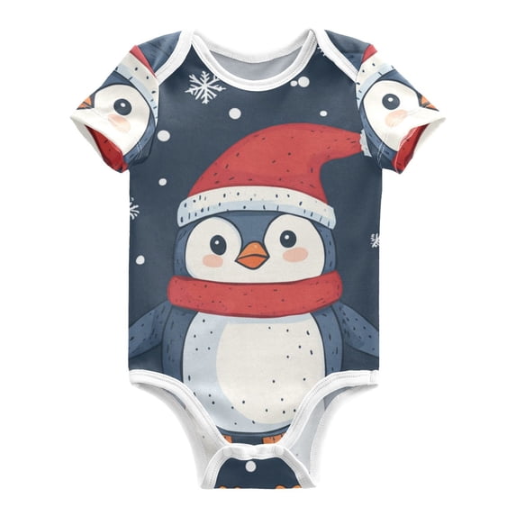 Cute Penguins with Hats Christmas Snowflakes Pure Cotton Bodysuit Short Sleeve Pajamas One-Piece Romper Unisex 9M