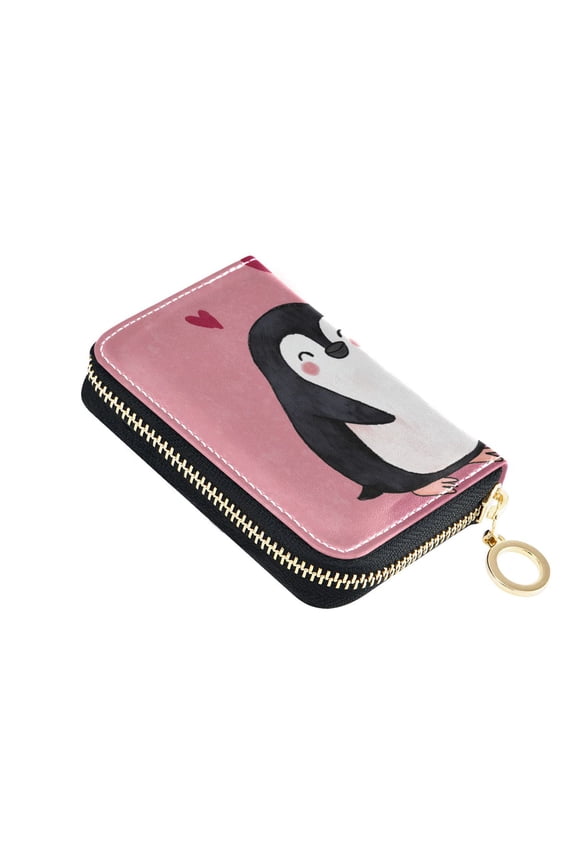 Cute Penguins with Hearts in Love Valentine Women's Credit Card Holder PU Leather Zipper Wallet RFID Blocking