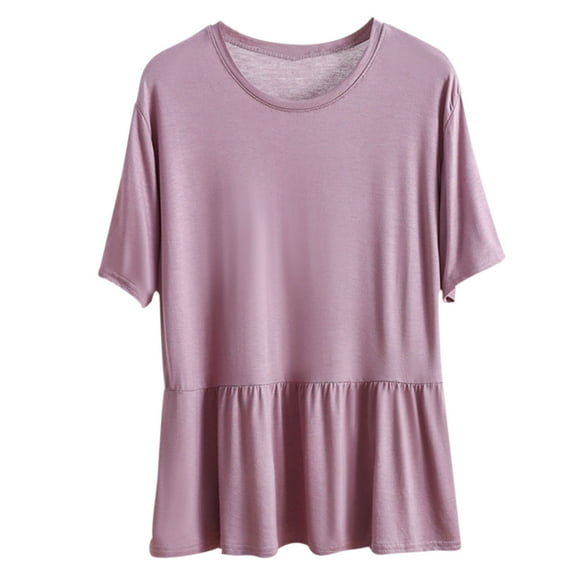 Cute Peplum Tops for Women Casual Round Neck Short Sleeve Tees Loose Fit Solid Color Babydoll Basic Soft Modal Swing T Shirts Tshirts Christmas Outfit