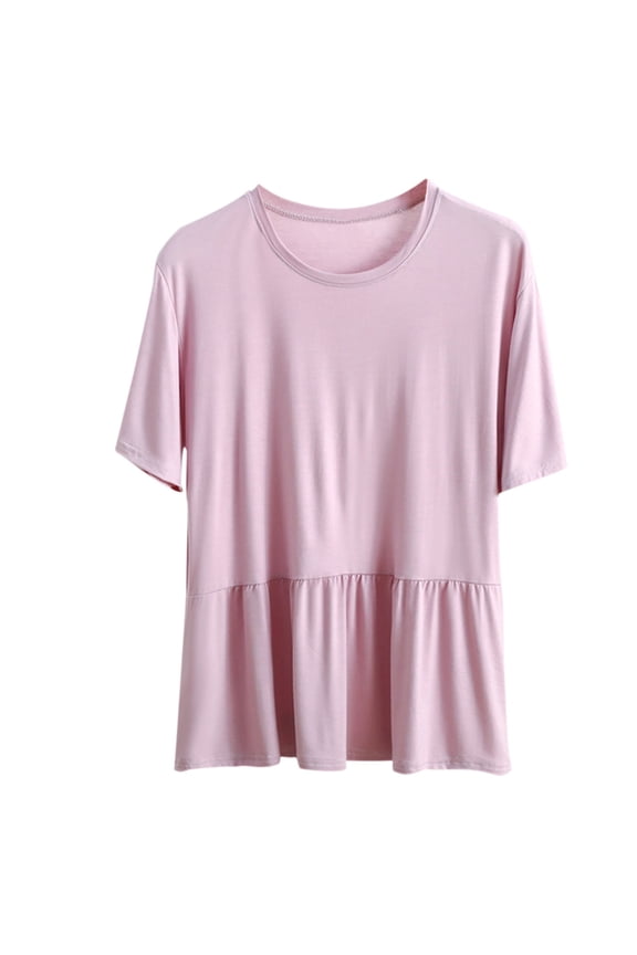 Cute Peplum Tops for Women Casual Round Neck Short Sleeve Tees Loose Fit Solid Color Babydoll Basic Soft Modal Swing T Shirts Tshirts Christmas Outfit