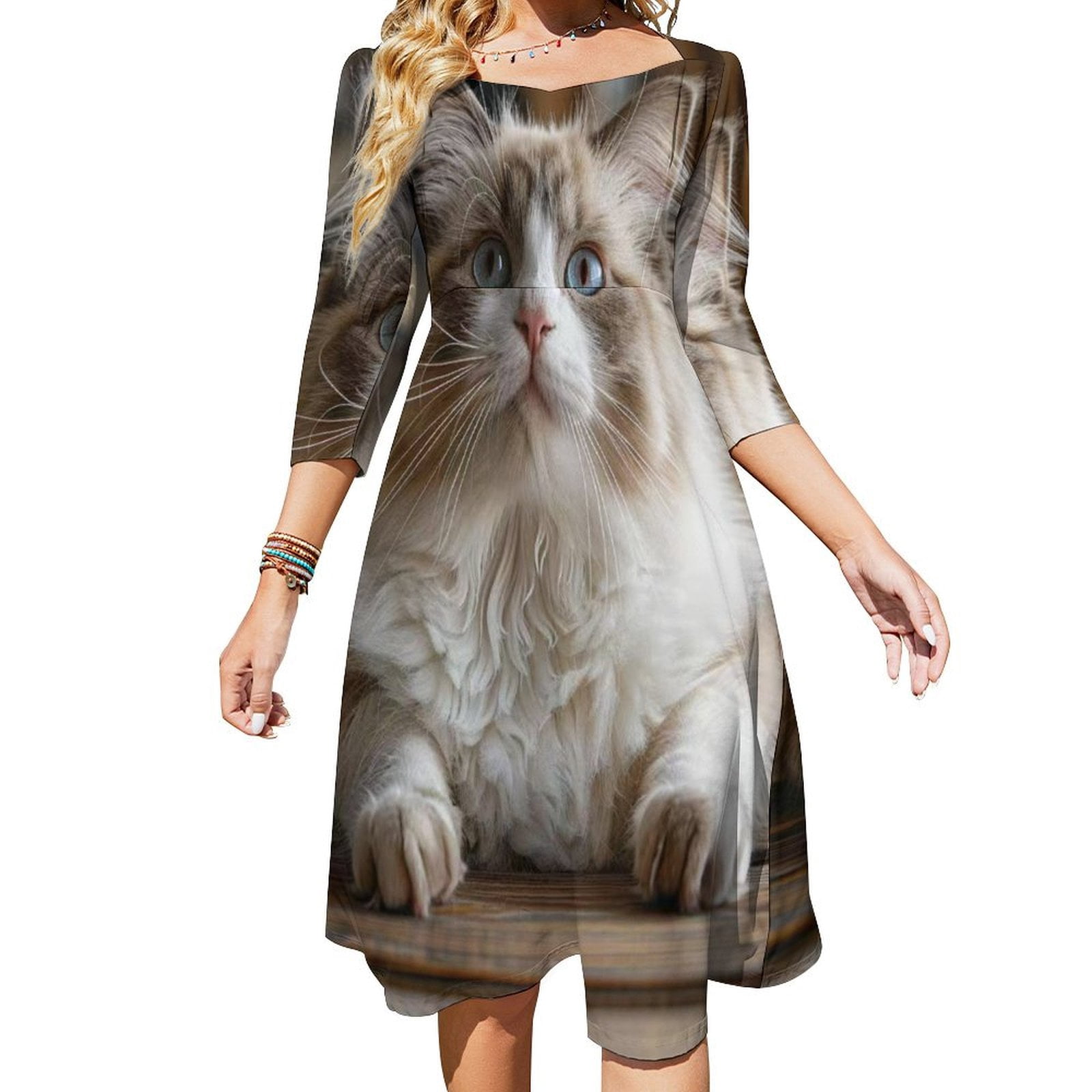 COUPLE CAT WITH BOW TIE PRINT DRESS WITH POCKET - DR1920