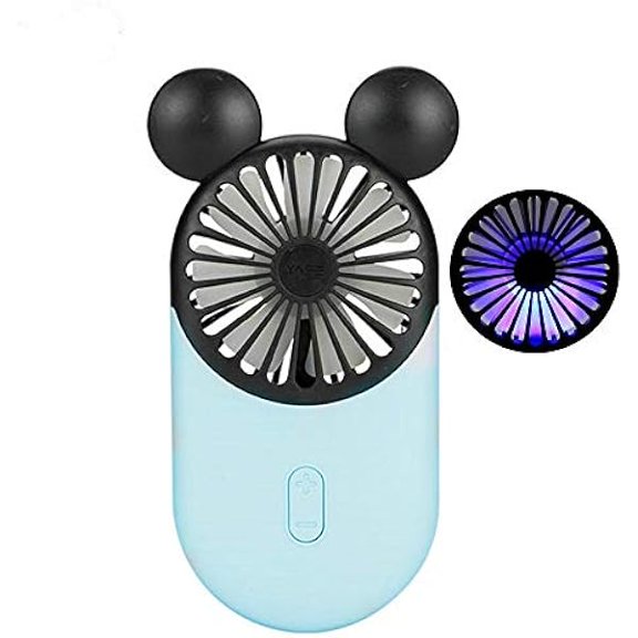Cute Personal Mini Fan, Handheld & Portable USB Rechargeable Fan with Beautiful LED Light, 3 Adjustable Speeds, Portable Holder, for Indoor Or Outdoor Activities, Cute Mouse (Blue)