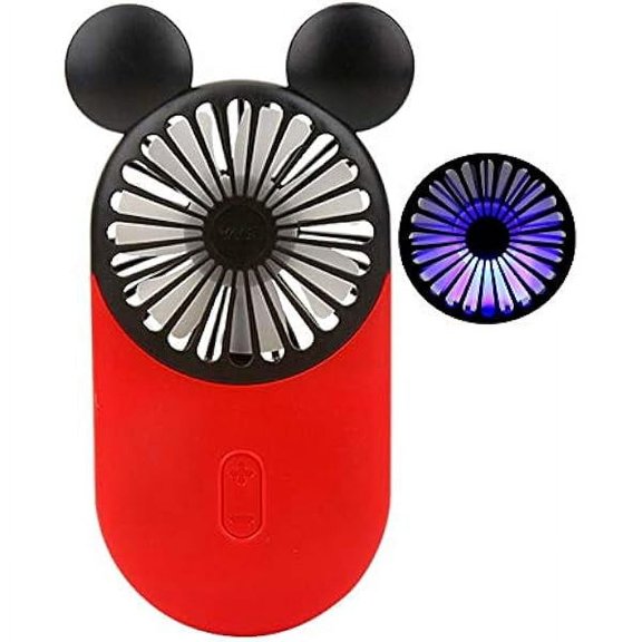 Cute Personal Mini Fan, Handheld & Portable USB Rechargeable Fan with Beautiful LED Light, 3 Adjustable Speeds, Portable Holder, for Indoor Or Outdoor Activities, Cute Mouse (Red)