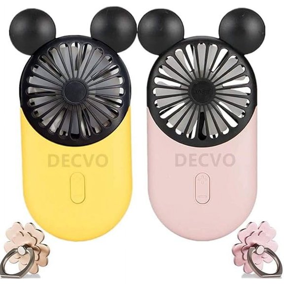 Cute Personal Mini Fan, Handheld & Portable USB Rechargeable Fan with Beautiful LED Light, 3 Adjustable Speeds, Portable Holder, for Indoor Or Outdoor Activities, Cute Mouse 2 Pack (Yellow+Pink)