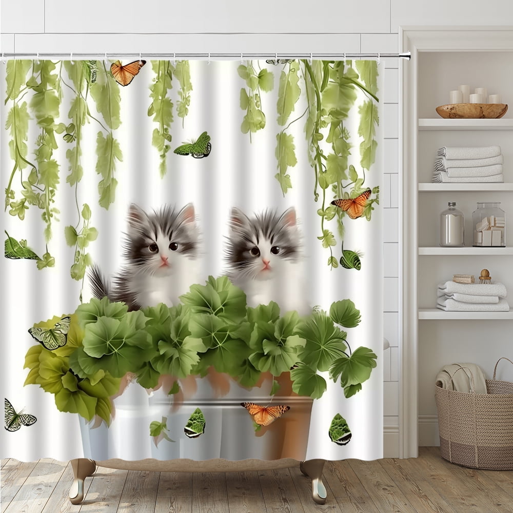 Cute Pet Cat Bathroom Set with Shower Curtain Rug Bath Mat Toilet Cover ...