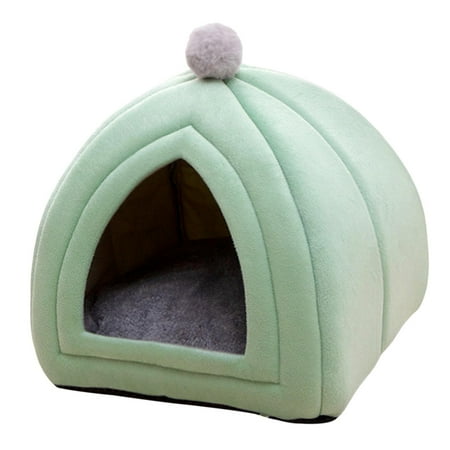 Cute Pet Cat Bed Puppy Kennel Dog House Winter Warm Washable Sleeping Cushion Sofa Velvet Nest Comfortable Cave Tent for Indoor green