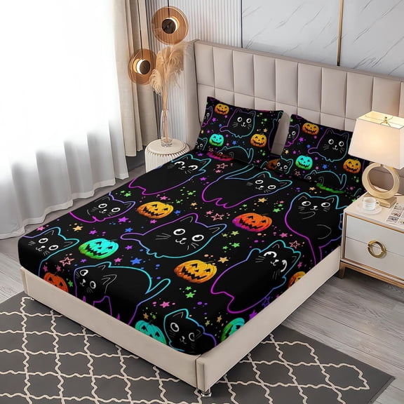 Cute Pet Cat Bedding Sets Twin Size,Halloween Pumpkin Lantern Stars Pattern Fitted Sheet Sets for Toddler Kids Room Decor,Colorful Neon Lights Bed Set,1 Fitted Sheet+2 Pillowcases.
