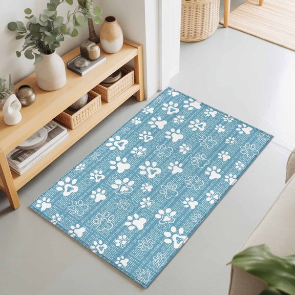 Cute Pet Footprints on Sky Blue Rectangle Area Rug 2x3ft,Living Room Rug Non-Slip Washable Circle Rugs Pad,Abstract Little Paws Soft Floor Carpet for Bedroom Dining Room