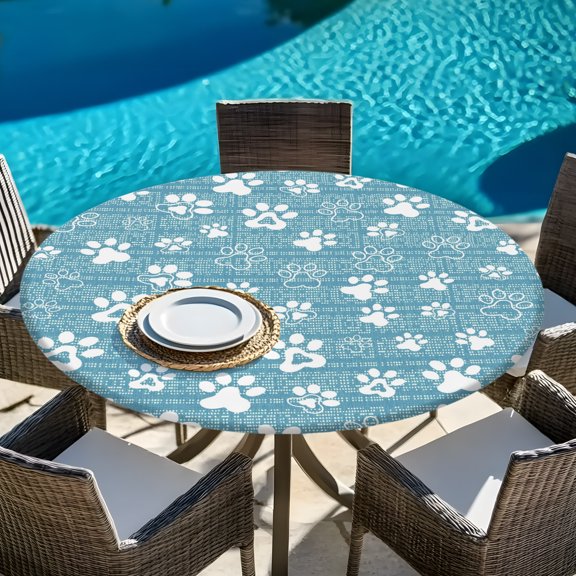 Cute Pet Footprints on Sky Blue Round Fitted Tablecloth with Elastic Edge,Waterproof Table Cloth Fits Tables Up to 45"-54",Wipeable Table Cover for Indoor Outdoor Dinning Party,Abstract Little Paws