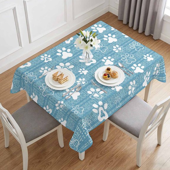 Cute Pet Footprints on Sky Blue Table Cloth 60x84in, Waterproof Rectangle Tablecloth Wipeable Tablecloths Abstract Little Paws Table Covers for Dining Tables Party Indoor Outdoor