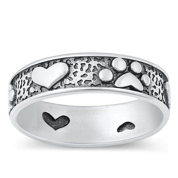 Cute Pet Lovers Ring .925 Sterling Silver Paw Print Heart Band Jewelry Female Male Unisex Size 12