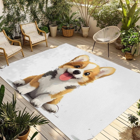 Cute Pet Puppy Outdoor Rug 5x8 Ft - Reversible Patio Rug Outdoor Camping Rugs, Modern Cartoon Sitting Dog Animal Washable Indoor Outdoor Area Rugs, Non-Slip Outdoor Carpet Runner for Deck/Porch