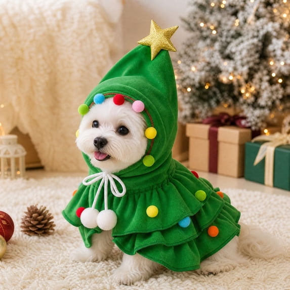 Cute Pet Xmas Tree Hooded Cloak Dog Christmas Costume with Glitter Star & Pompom Decor Holiday Outfit for Puppy Cats | Green M