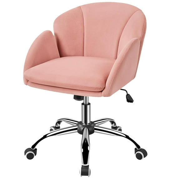 Cute Petal Desk Chair Home Office Swivel Upholstered Leather Makeup Vanity with Armrests for Bedroom Modern Computer Rolling Women Pink