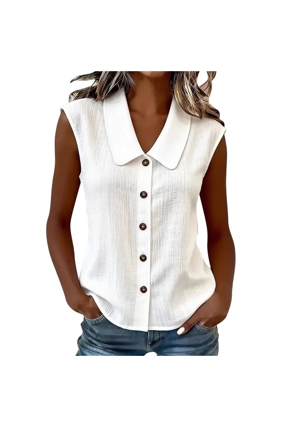 Cute Peter Pan Collar Sleeveless Button Down Shirts Trendy Business Dressy Casual Work Office Tank Tops Flowy Blouse Vest Basic Cami Shirts Casual Loose Summer Cottton Linen Tops White L