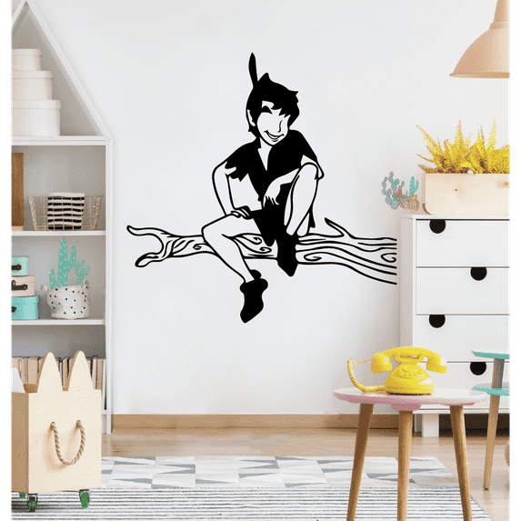 Cute Peter Pan Disney Movie Character PeterPan on Log Silhouette Vinyl Wall Art Wall Sticker Wall Decal Decoration For Home Room Wall Boys Girls Room Playroom Wall Dcor Dcor Design Size (20x18 inch)