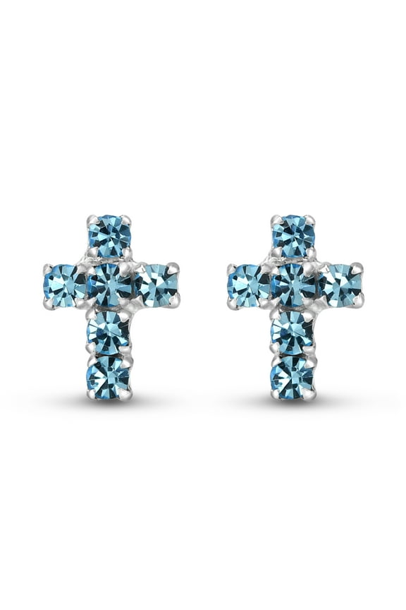 Cute Petite Cross Light Blue CZ .925 Silver Mini Stud Earrings